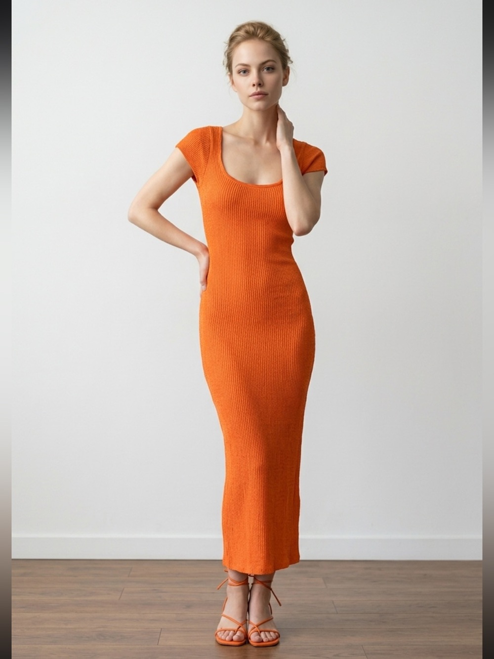 Guess Orange Ribbed Knit Scoop Neck Midi Dress